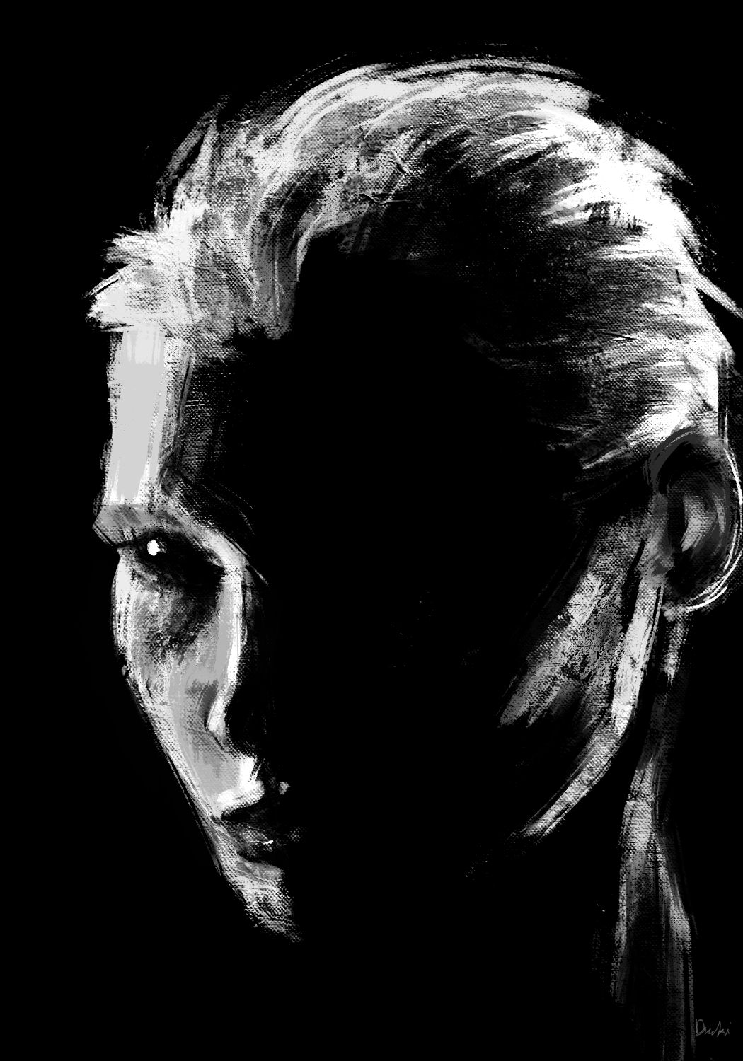 A woman's face, half-shadowed.